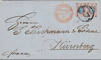 1858 РИ СК 5. Почтовое отправление с двумя марками Тарту (Дерпт) - Рига - Нюрнберг ноябрь 1865 года.