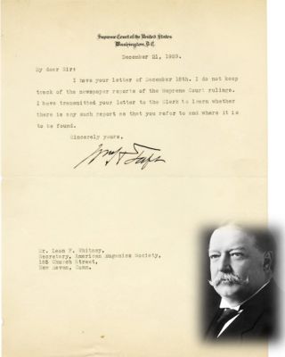 מכתב מאת נשיאה ה 27 של ארצות הברית ויליאם הווארד טאפט שלשה חודשים לפני מותו, דצמבר 1929. מכתב 