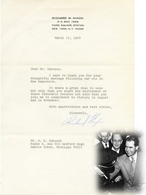 מכתב מאת נשיאה ה -37 של ארצות הברית ריצ'ארד ניקסון, 19 מרץ 1968, בעיצומן של הבחירות המוקדמות לנשיאות