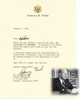 מכתב מאת נשיאה ה - 38 של ארצות הברית ג'רלד פורד. מכתב בחתימת נשיאה ה 38 של ארצות הברית ג'רלד 