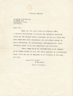 מכתב מאת אלברט איינשטיין אודות חשיבותה של 'הקהילה הדתית', פרינסטון, 1954, נכתב כשנה לפני מותו
. 