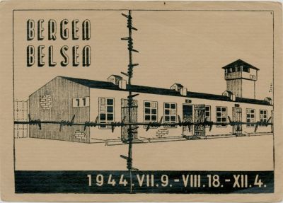 מחנה ברגן בלזן – איורים מאת פסח עיר-שי. Bergen Belsen [ברגן בלזן]. 7 כרטיסים דמויי גלויות 