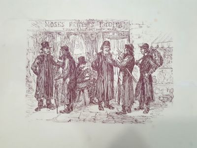 משה טרויידר מוכר את כל סוגי הסחורות - הדפס אנטישמי. אירופה, ראשית המאה ה־20. MOSES FEITELES 