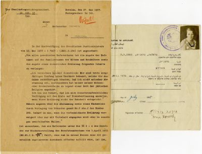 הצהרה שיקרית של אירמה הורוביץ (ראו) על כי איננה יהודיה. לייפציג 1933. דף הצהרה רשמי בו מצהירה 
