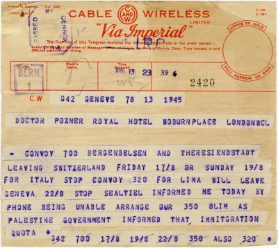 מברק סודי ומוצפן בענין העברת ניצולי מחנות ברגן בלזן וטרזינשטט לארץ ישראל - ג'נבה 1945. מברק 