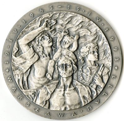 מדלית כסף - 50 שנה לשחרור גטו ורשה, 1993. מדלית כסף אשר עוצבה במיוחד לרגל 50 שנה לשחרור גטו 