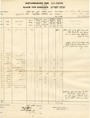 תביעות נזקים וכופר נפש עבור הרוגי פרעות תרפ"ט - אוסף חשוב של מסמכים משפטיים מזמן המאורעות. "... 