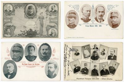 אוסף גלויות ועיתונים מפרשת דרייפוס - סביב 1900. 35 גלויות עם תצלומים ואיורים של דמויות המפתח 