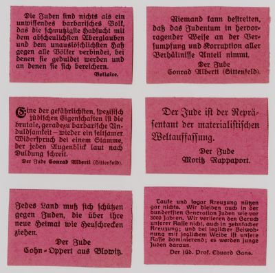 ששה פתקי תעמולה אנטישמים - גרמניה הנאצית, שנות ה־30. ששה פתקי תעמולה אנטישמים עם ציטוטים 