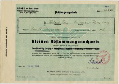 תעודת הצהרה רשמית של חבר במפלגה הנאצית על אימות מוצא ארי. וינה 1939. Kleinen 