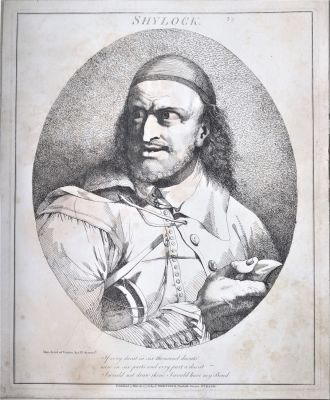 שיילוק היהודי המלווה בריבית אוחז בידו את הסכין - תחריט אנטישמי מוקדם. לונדון, 1776. תחריט 