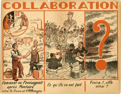 "שיתוף פעולה" - כרזה אנטישמית המאשימה את היהודים בכשלון הברית צרפת-גרמניה. צרפת, ראשית שנות ה־40. 