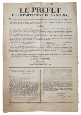 צו אנטישמי מתקופת נפולאון האוסר על היהודים להשתמש בשמות משפחה 'תנ"כיים' - צרפת, 1808. LE PREFET 