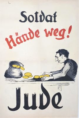 "חייל, הזהר! יהודי" - כרזה אנטישמית המזהירה את החיילים הנאצים מפני היהודים. soldat hande weg! 