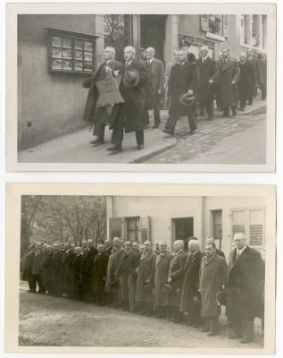 שני תצלומים של קבוצת יהודים שנעצרו על ידי הנאצים בליל הבדולח - בתהלוכת השפלה ברחוב. באדן באדן 1938. 