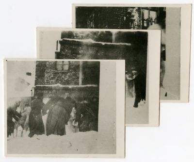 שלשה תצלומים מחרידים של יהודים מעונים על ידי הנאצים במחנה מוות בשלג המקפיא. שלשה תצלומים 