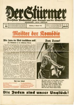 שני גיליונות העיתון האנטישמי 'דר שטירמר'. שני גיליונות של השבועון האנטישמי 'דר שטירמר' מיסודו 