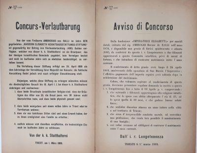 כרזה - הודעה על 'מענק קרן המלכה אליזבת' לזוגות יהודים חדשים. טריאסט 1889. concurs - 