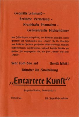 כרוז פרסום לתערוכה 'אמנות מנוונת' [מינכן 1937]. כרוז פרסום המזמין את הציבור לבקר בתערוכה "אמנות 