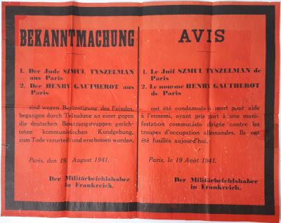 כרזת הפחדה המדווחת על הוצאתם להורג של היהודי שמואל טישמן והנרי ג'טרוט באשמת התנגדות לכיבוש 