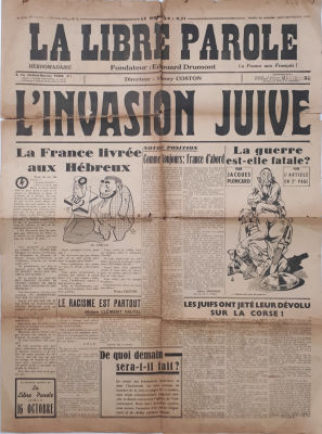 "הפלישה היהודית" - מהדורה אנטישמית נדירה של העיתון לה ליבר פארול, לאחר שנסגר רשמית . L'INVASION 