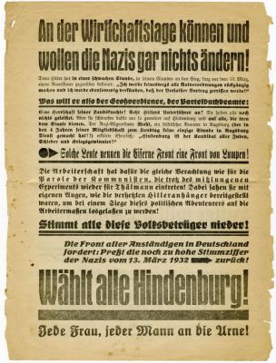 "דיקטטורה או פרלמנט... היטלר רוצה את הדיקטטורה!... הצביעו היידנבורג!" - כרזה דו צדדית - הניסיון 