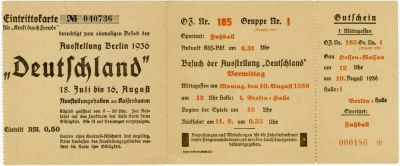 כרטיס כניסה לתערוכה "גרמניה" שהתקיימה במסגרת אולימפיאדת ברלין 1936. כרטיס כניסה נדיר לתערוכה 