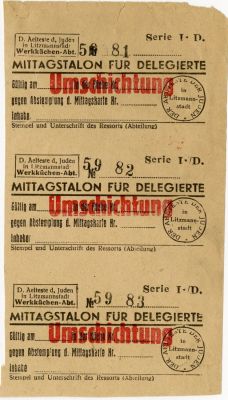 שלשה תלושי מזון לארוחת צהרים לאנשי ציבור בגטו לודז'. MITTAGSTALON FUR DELEGIERTE - 'ארוחת 