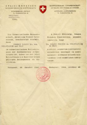 כתב חסות שוויצרי ליהודי בעל אשרת עלייה, ביוזמת קרל לוץ להצלת יהודי הונגריה. 'כתב חסות' רשמי 