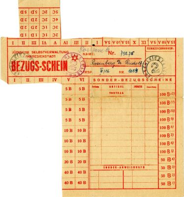 גטו טרזינשטט - כרטיס מזון של רודולף רוזנברג. JUDISCHE SELBSTVERWALTUNG THERESIENSTADT 