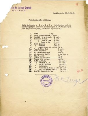 מסמך המאשר קבלת תרופות עבור הקהילה היהודית בקרוסנו מנקודת החלוקה בקרקוב. ינואר 1941. "המועצה 