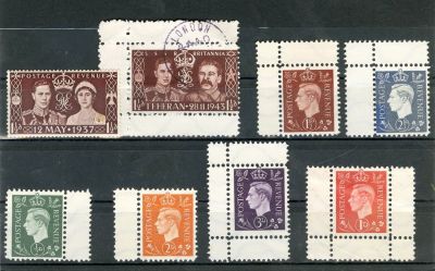 סריה של בולים אנגלים מזוייפים עם מגן דוד - מבצע "גלי מים" במחנה הריכוז זקסנהאוזן. שבעה בולים 