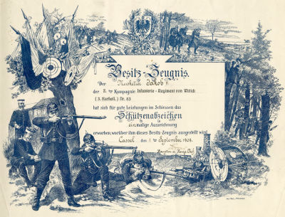 תעודת הצטיינות לחייל יהודי בצבא גרמניה. ראשית המאה ה־20. תעודת הצטיינות מאויירת לחייל יהודי בשם 