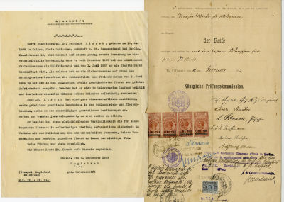 תעודות מוקדמות ומסמכים של שוחט ווטרינר יהודי בברלין. ראשית המאה ה־20. אוסף של כ 22 תעודות 