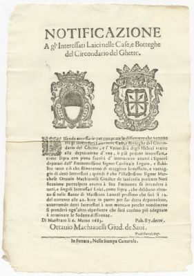 הודעה מוקדמת להסדרה חוקית של בתי הקפה היהודים ברובע היהודי. פררה, 1685. NOTIFICAZIONE A 
