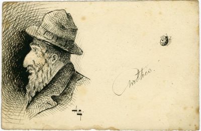 גלויה אנטישמית מצוירת ביד [רומניה], סביב 1900. גלויה אנטישמית מצוירת בעבודת יד בדיו (חתום). 