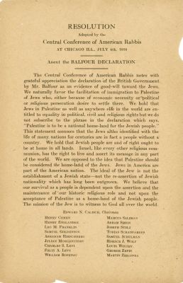 גילוי דעת - התנגדות הרבנים הרפורמים בארצות הברית להצהרת בלפור – שיקגו, 1918. RESOLUTION adopted 