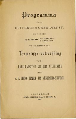 סדר תפילה מיוחד להצלחת נישואיה של וילהלמינה מלכת הולנד, שבט תרס"א 1901. Programma van den 