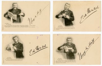 סט שלם של גלויות אנטישמיות - הבחירות בצרפת 1902. סט שלם של 7 גלויות אנטישמיות המציגות אדם היושב 