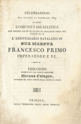 דרשתו של רבי אברהם מקלן ביום השנה להולדתו של הקיסר פנציסקוס הראשון מלך איטליה. Celebrandosi nel 