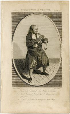 שיילוק - תחריט אנטישמי. לונדון, 1785. תחריט אנטישמי המציג את שיילוק היהודי אוחז בידו את הסכין 