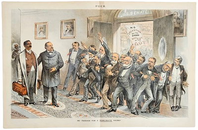 "אין מעבר לכושי דמוקרטי" - ליטוגרפיה מוקדמת - אנטישמיות שחורה בארצות הברית. 1887. NO PASSAGE 