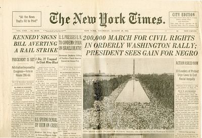 גיליון ה"ניו יורק טיימס" המדווח על עצרת הענק של מרטין לותר קינג בנאומו המפורסם "יש לי חלום". 29 