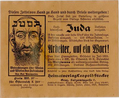 דף פרסומת אנטישמי לספר "עובדים, במילה אחת!", לייפציג, 1921. פרסומת דו צדדית אנטישמית לספר 