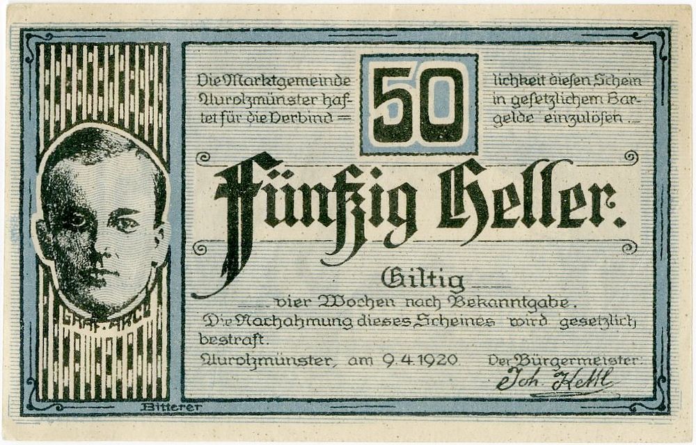 Rare Notgeld banknote (1920) featuring a portrait of Anton von Arco-Valley – the assassin of 