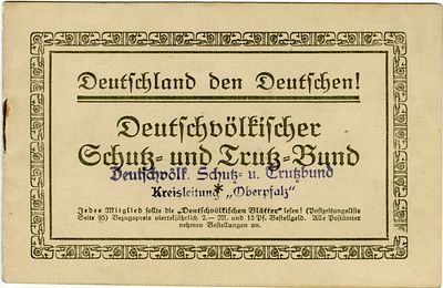 Antisemitic registration booklet for joining the movement “Defensive and Offensive Alliance of 