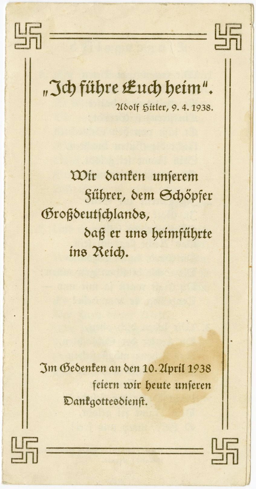 Nazi thanksgiving prayer marking the annexation of Austria into the German Reich. April 1938 – 