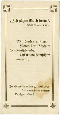 Nazi thanksgiving prayer marking the annexation of Austria into the German Reich. April 1938 – 