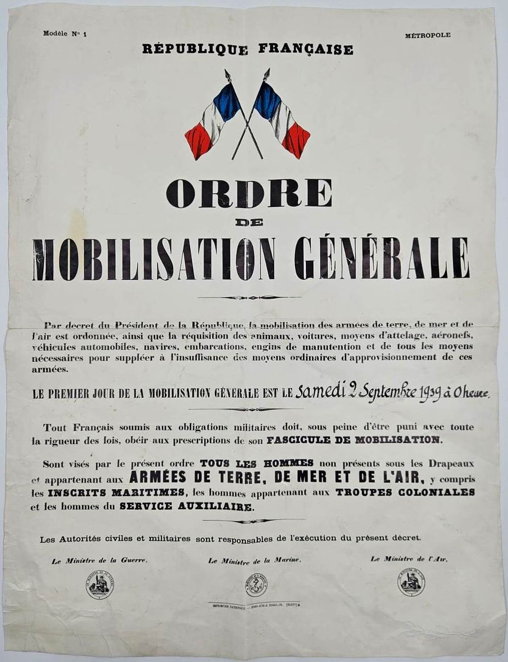 Official poster issued by the French government calling for a general mobilization at the 