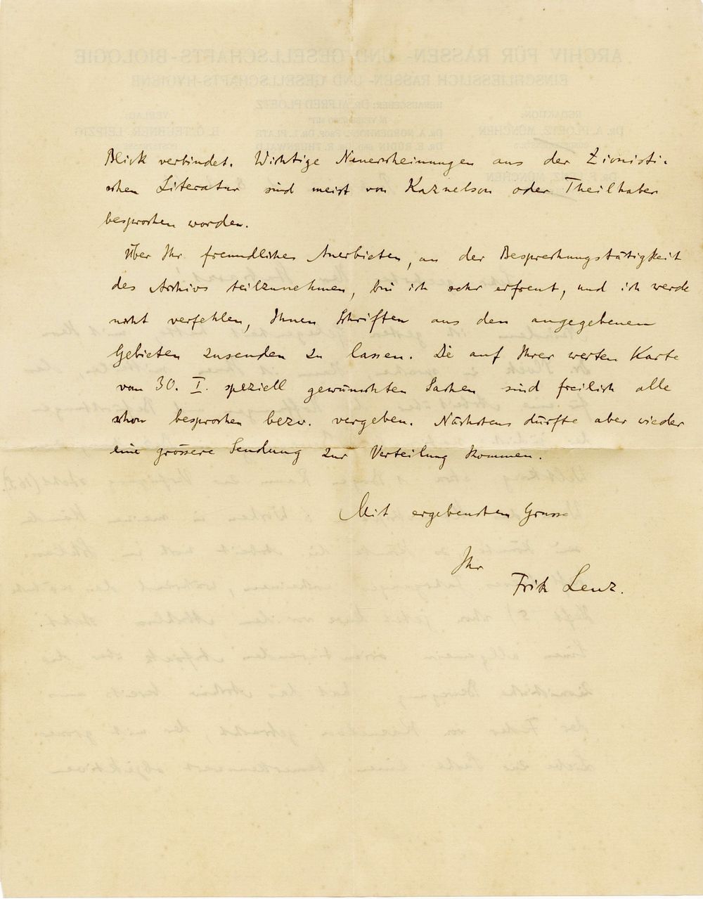 Letter by German racial theorist Prof. Fritz Lenz, concerning the publication of articles 